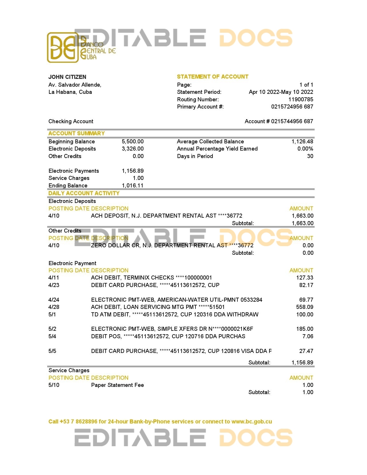 Cuba Banco Central de Cuba bank statement Excel and PDF template
