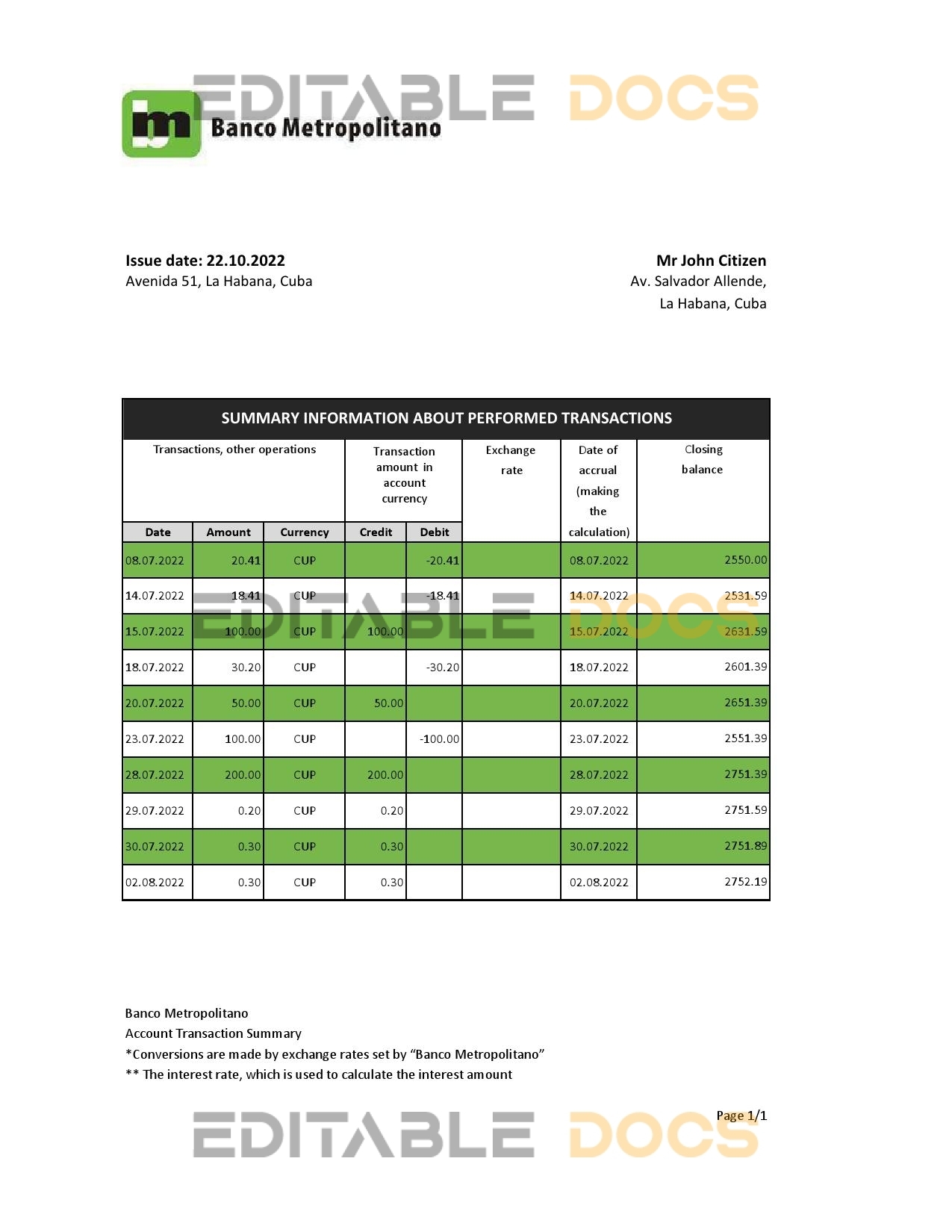 Cuba Banco Metropolitano bank statement Excel and PDF template