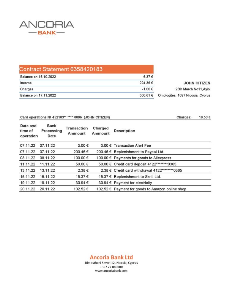 Cyprus Ancoria bank statement Excel and PDF template