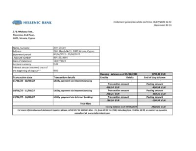 Cyprus Hellenic bank statement Excel and PDF template