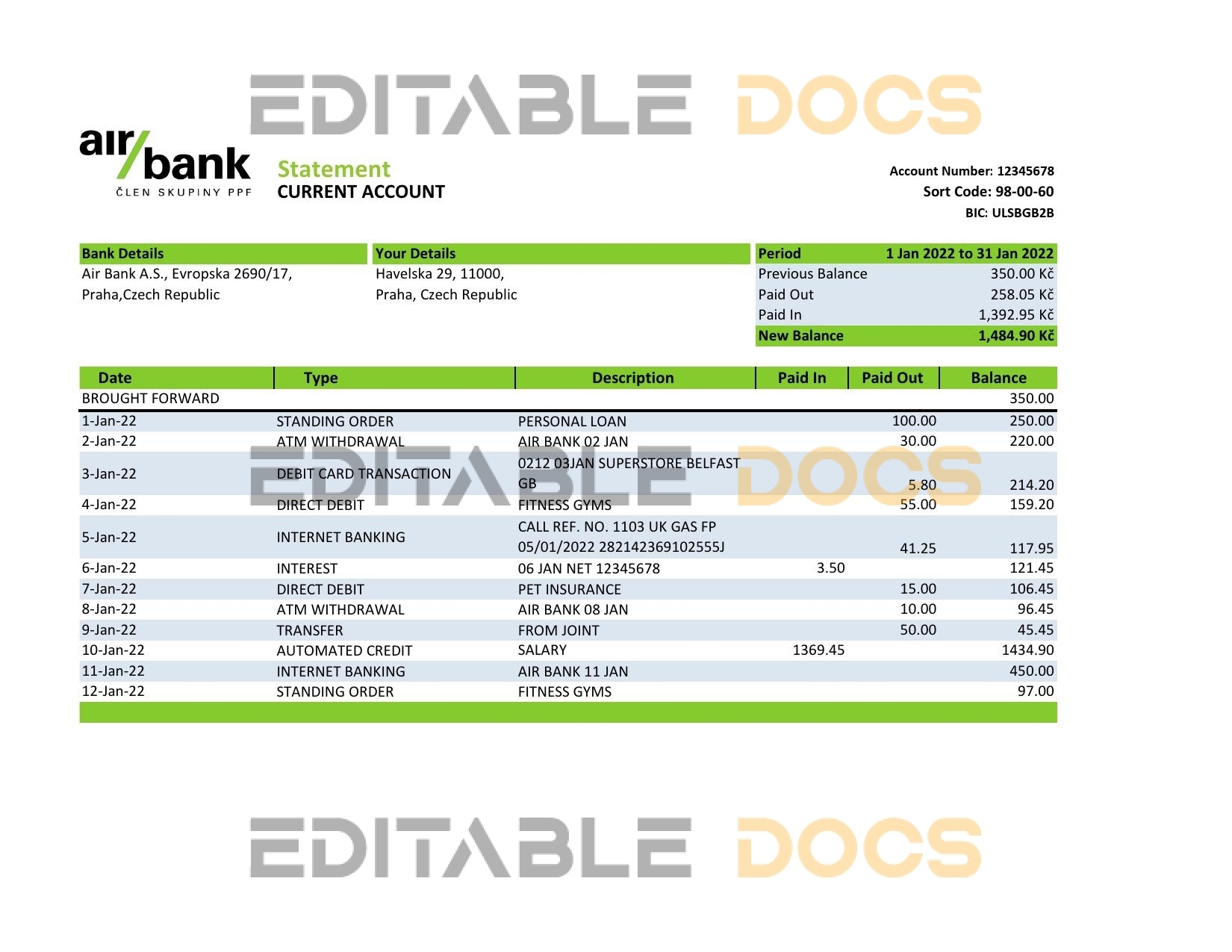 Czechia Air bank statement Excel and PDF template
