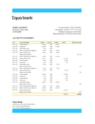 Czechia Equabank bank statement Excel and PDF template