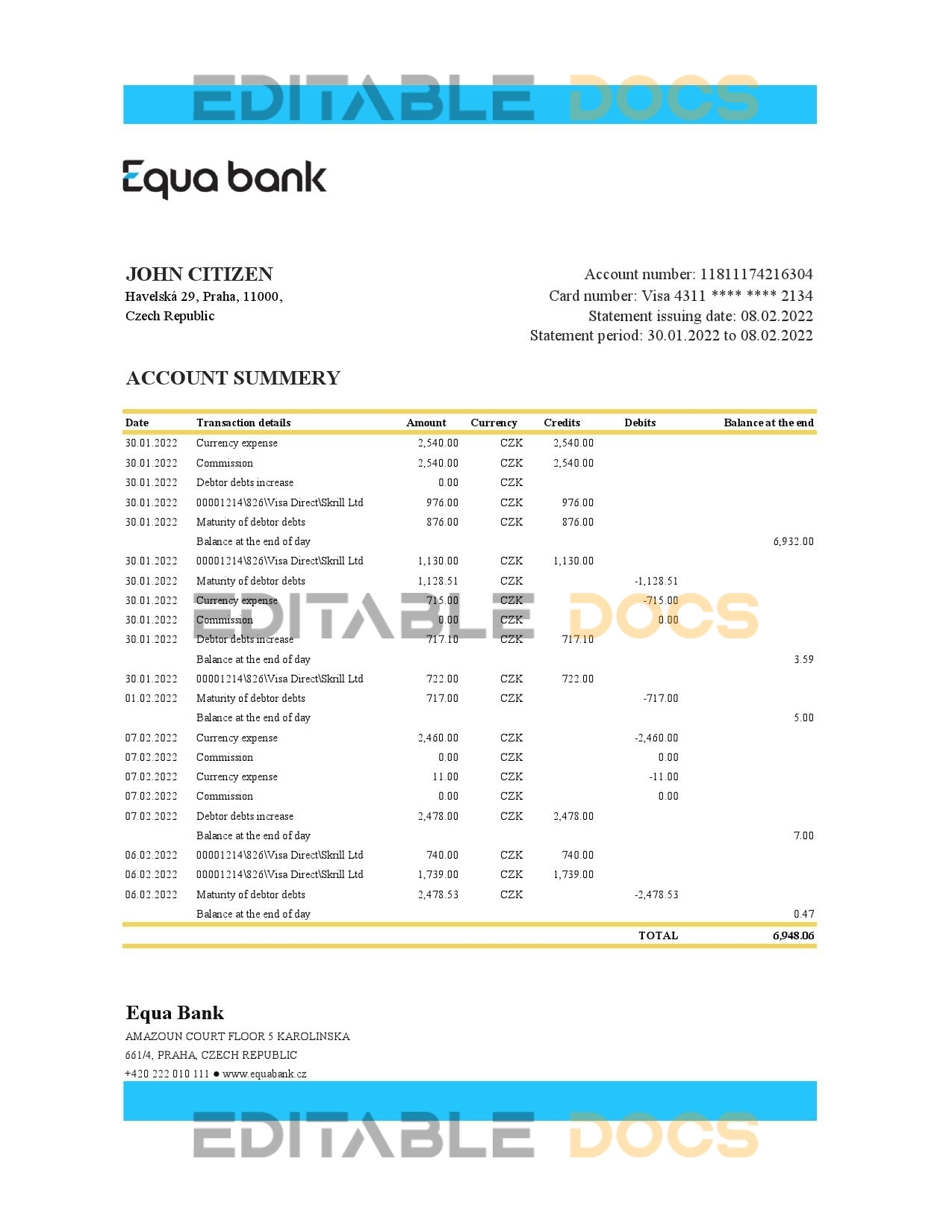 Czechia Equabank bank statement Excel and PDF template