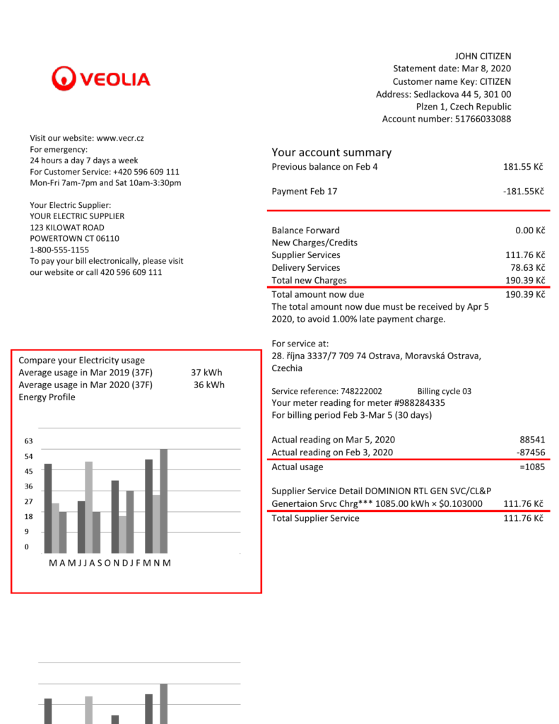 Czechia Veolia Energy Czech Republic energy utility bill template in Word and PDF format