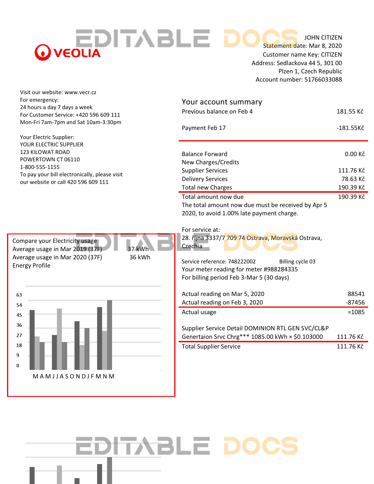 Czechia Veolia Energy Czech Republic energy utility bill template in Word and PDF format