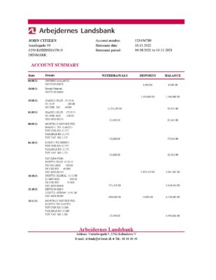Denmark Arbejdernes Landsbank bank statement easy to fill template in Excel and PDF format