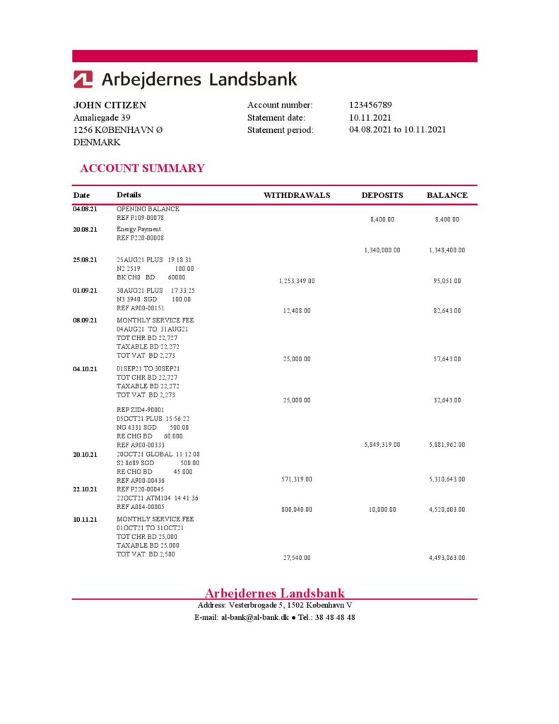 Denmark Arbejdernes Landsbank bank statement easy to fill template in Excel and PDF format