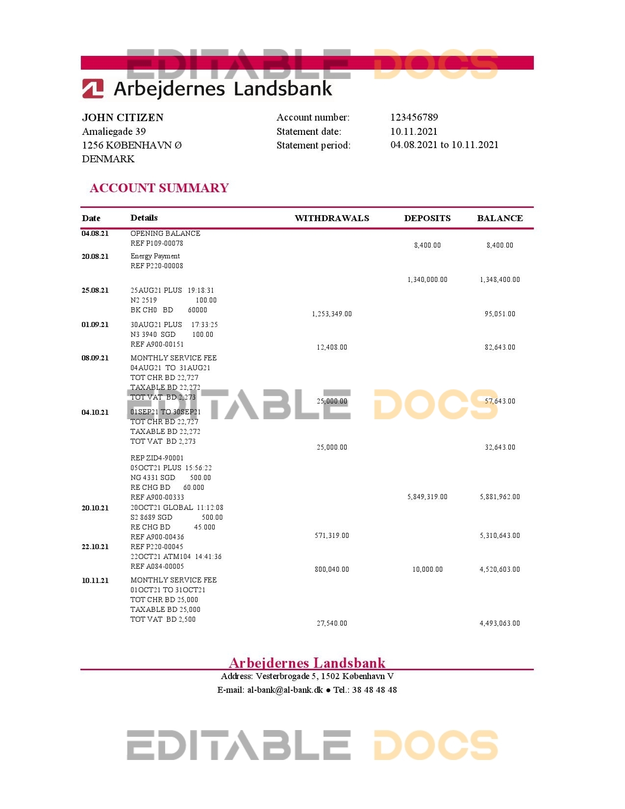 Denmark Arbejdernes Landsbank bank statement easy to fill template in Excel and PDF format