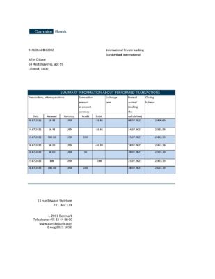 Denmark Danskebank bank statement easy to fill template in Excel and PDF format