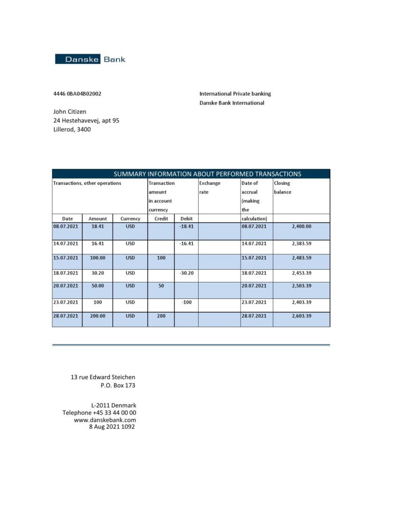 Denmark Danskebank bank statement easy to fill template in Excel and PDF format