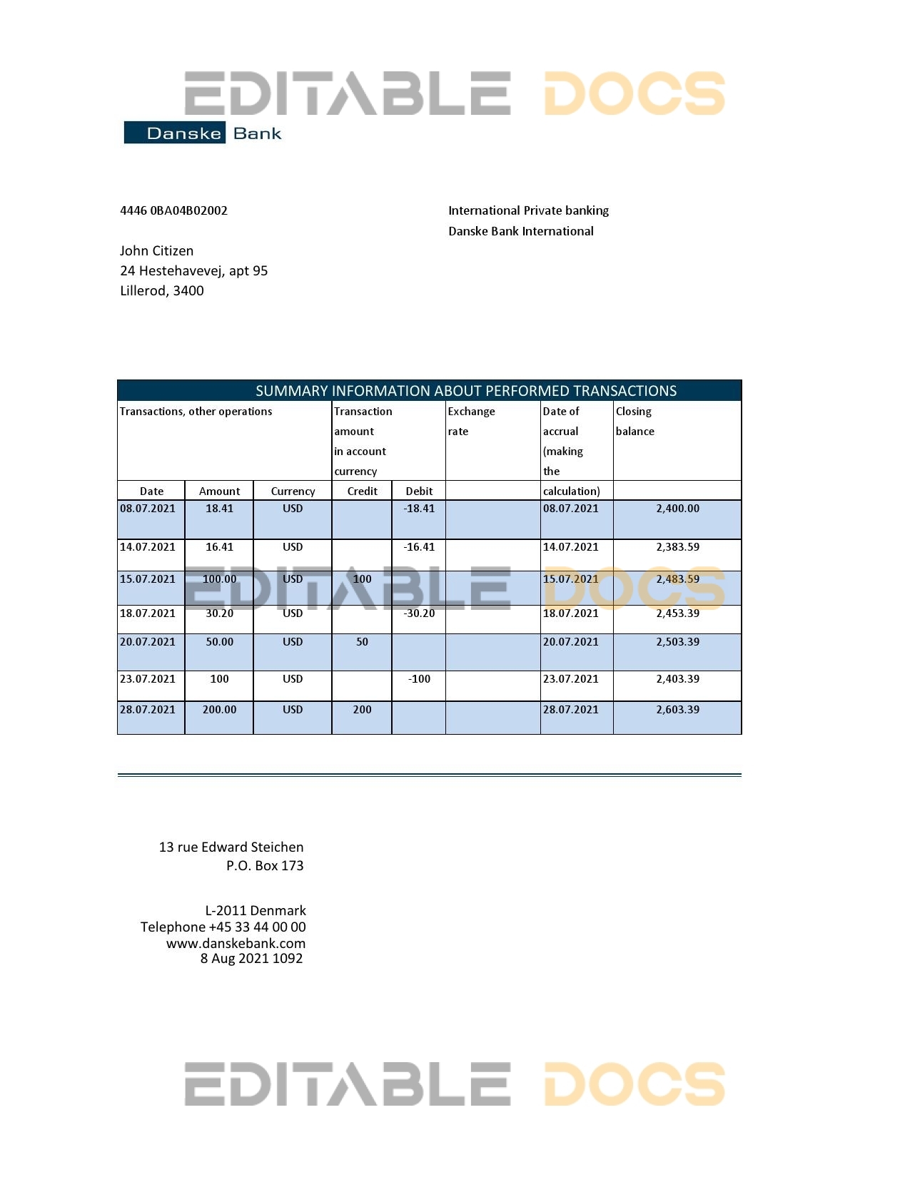 Denmark Danskebank bank statement easy to fill template in Excel and PDF format