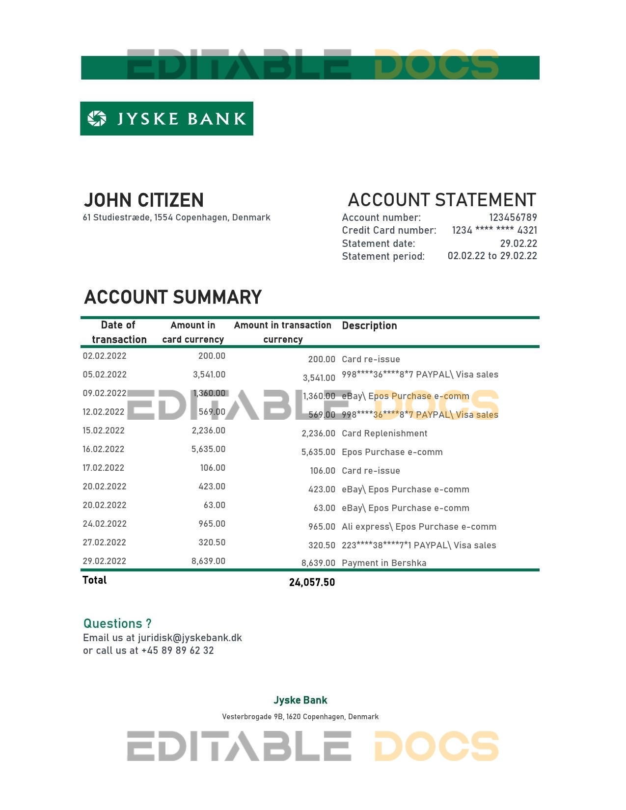 Denmark Jyske bank statement Excel and PDF template
