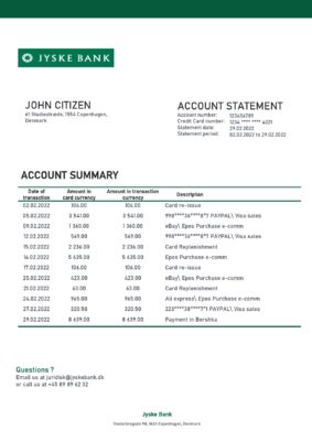 Denmark Jyske bank statement template in Word and PDF format