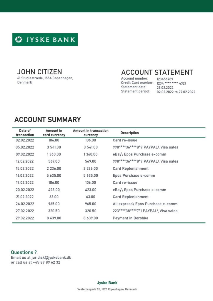 Denmark Jyske bank statement template in Word and PDF format