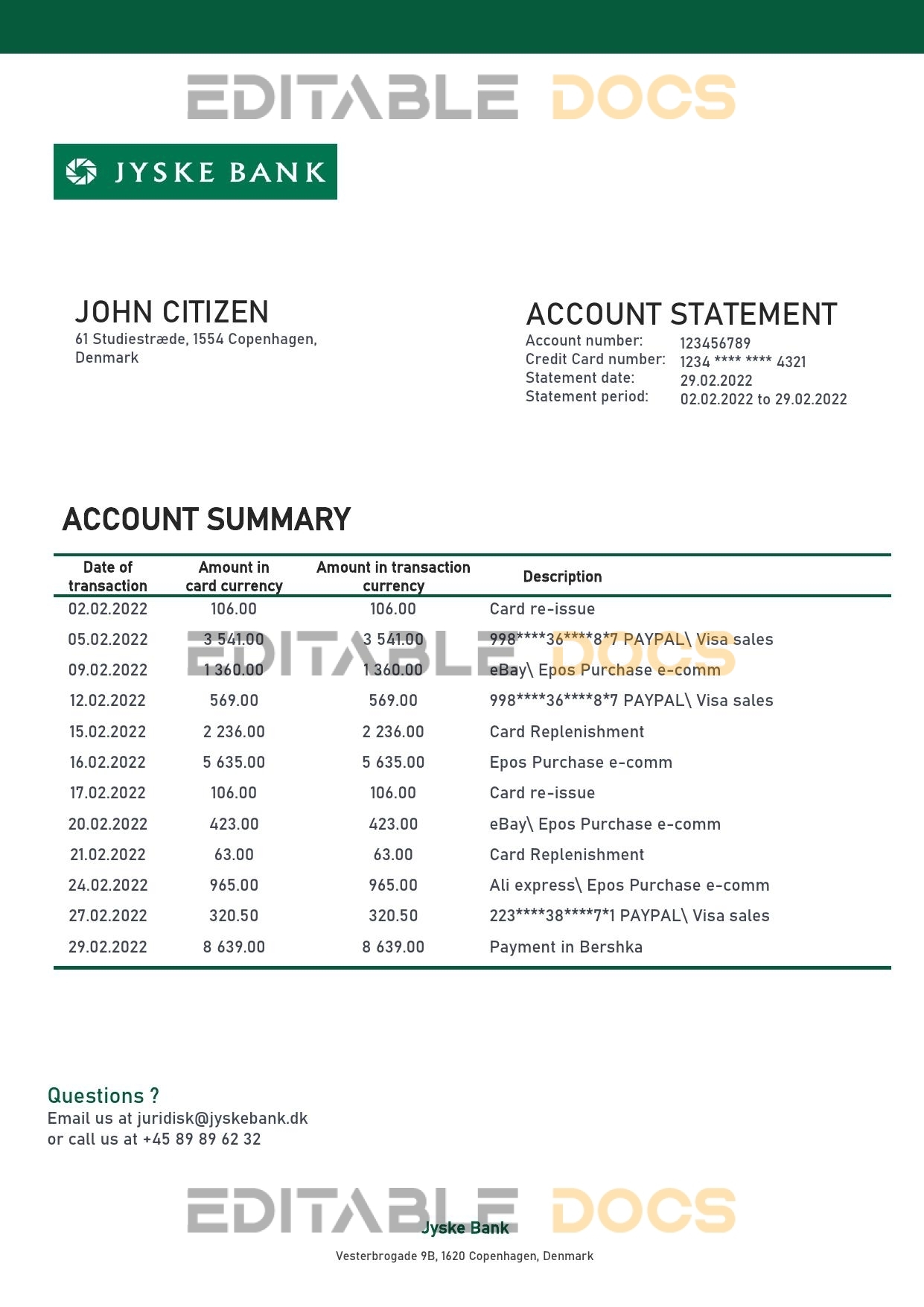 Denmark Jyske bank statement template in Word and PDF format
