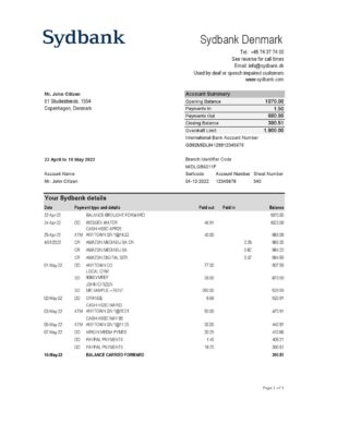 Denmark Sydbank statement Excel and PDF template