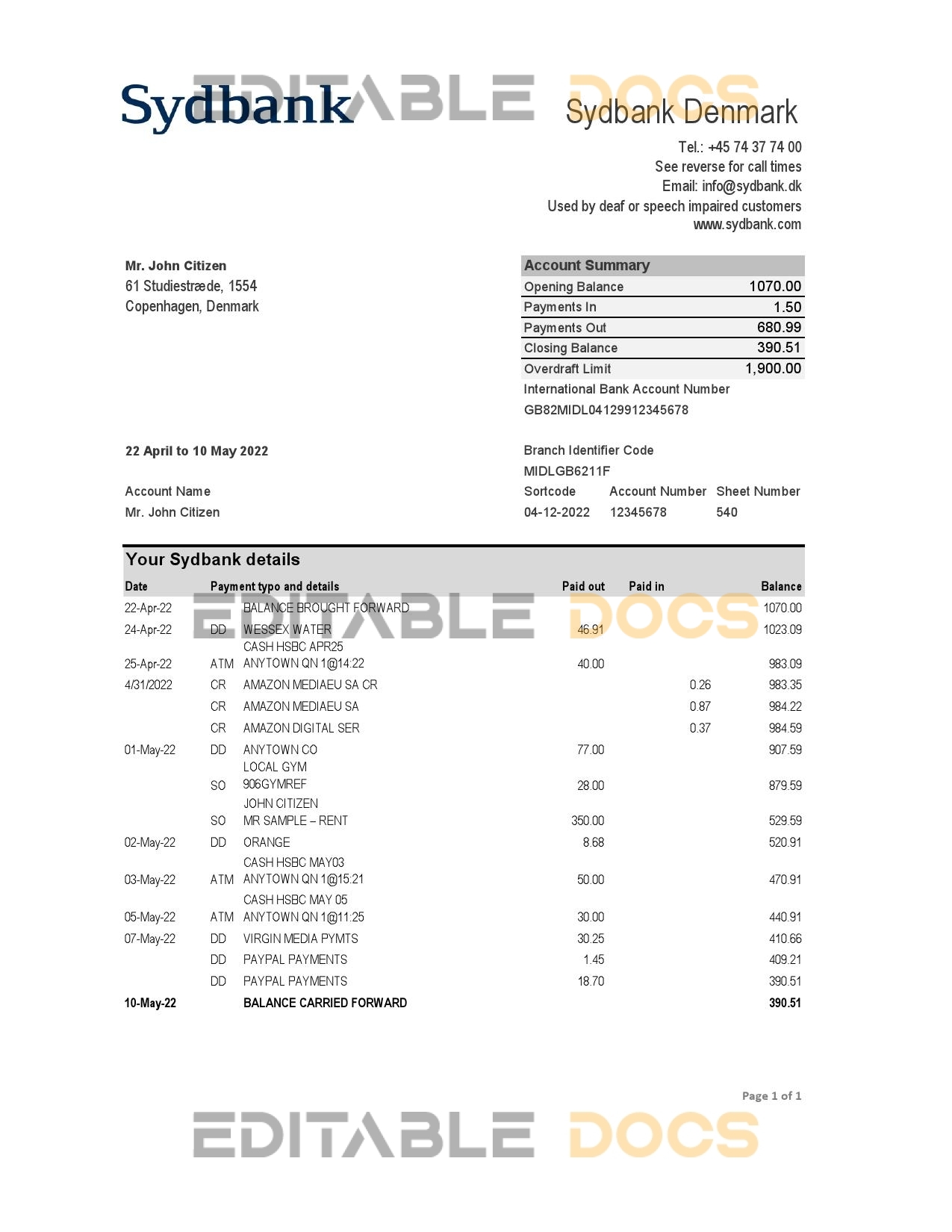 Denmark Sydbank statement Excel and PDF template