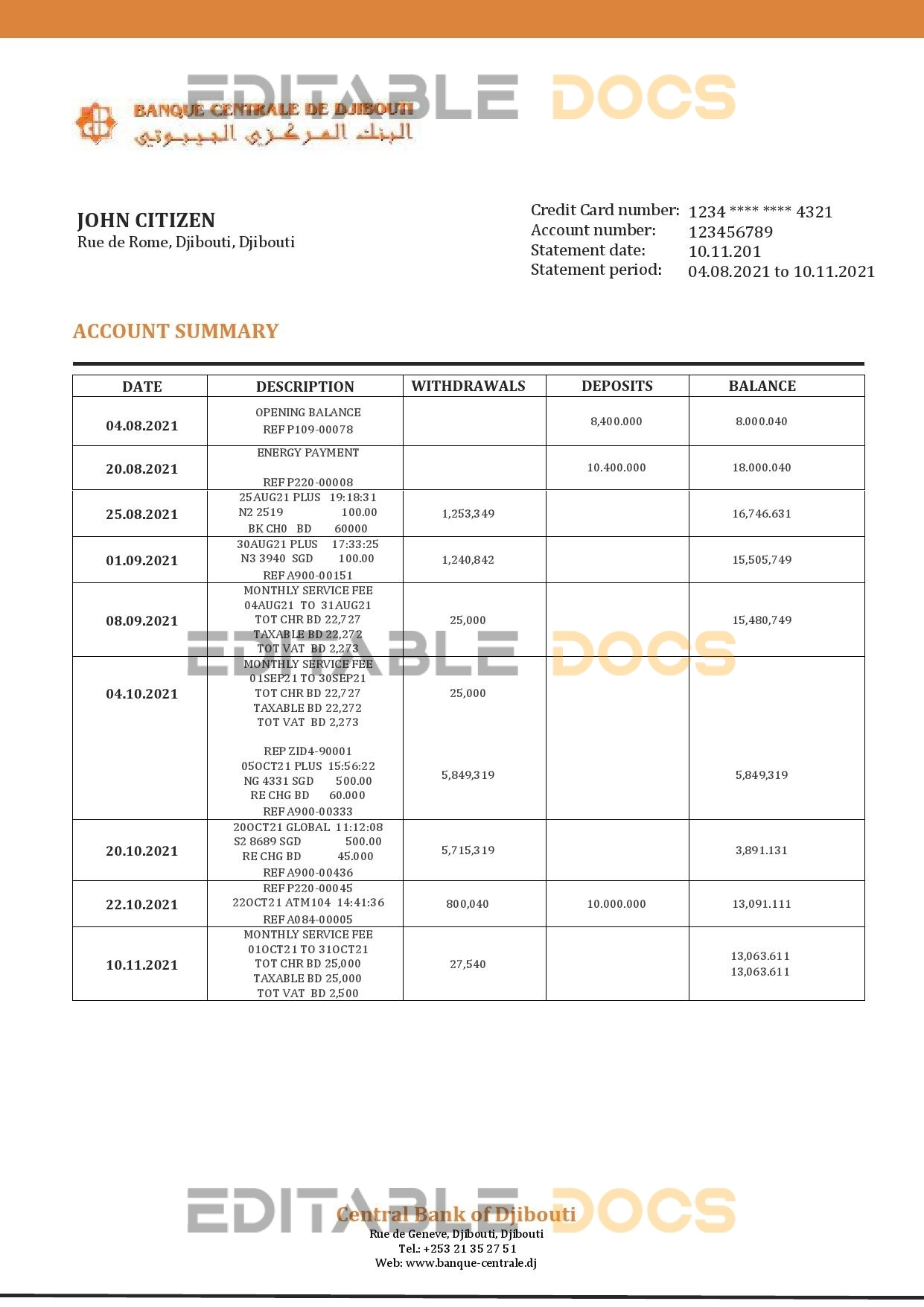 Djibouti Central Bank of Djibouti bank statement template in Word and PDF format