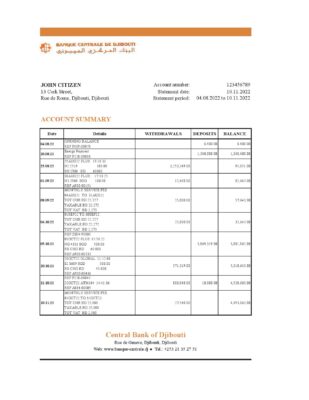 Djibouti Central Bank of Djibouti statement Excel and PDF template