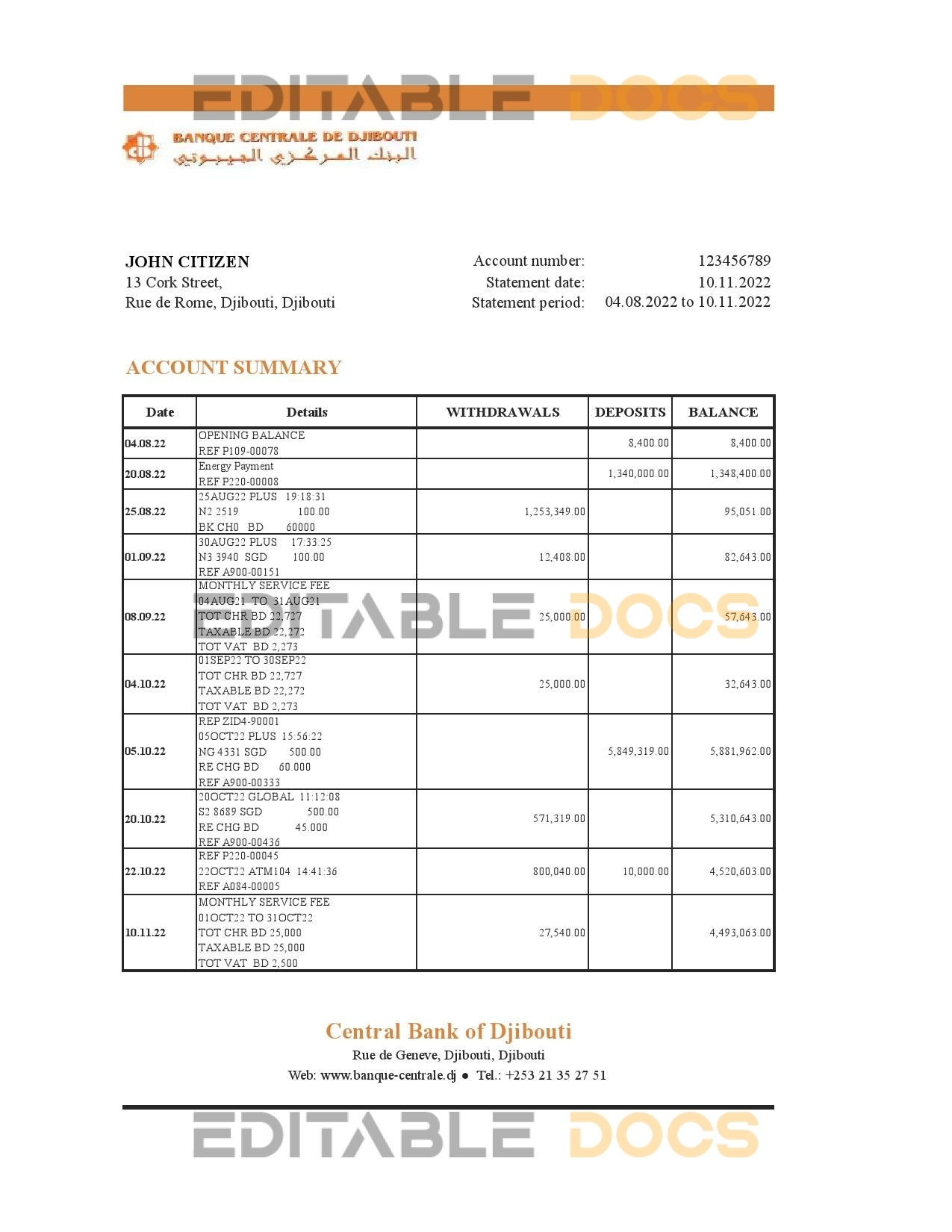 Djibouti Central Bank of Djibouti statement Excel and PDF template