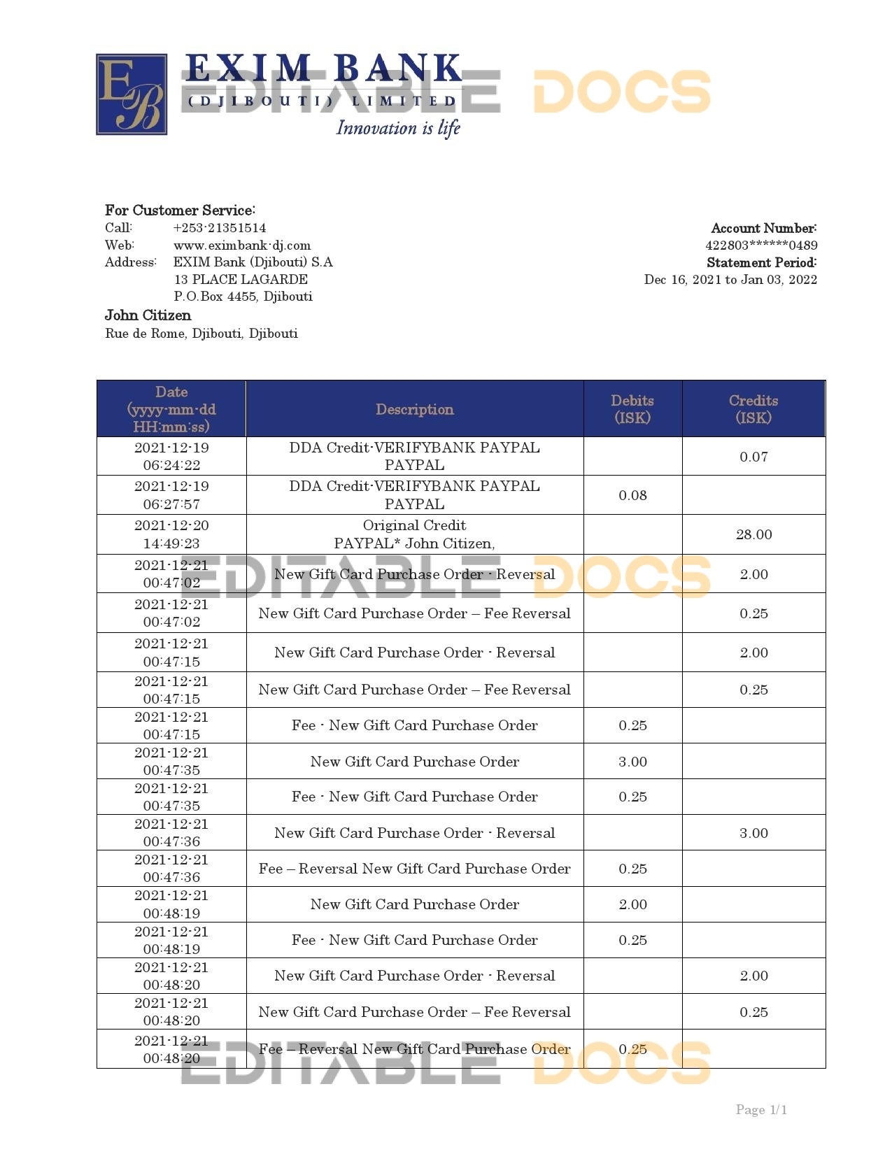 Djibouti Exim bank statement template in Word and PDF format