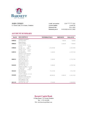 Dominica Barnett Capital Bank statement Excel and PDF template