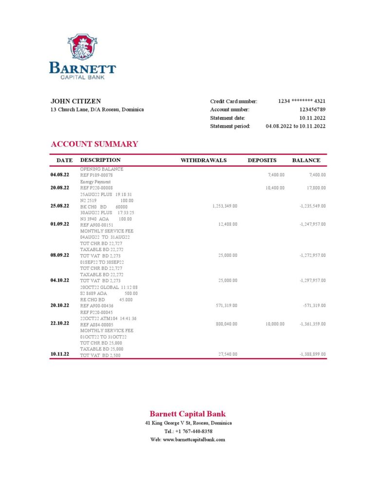 Dominica Barnett Capital Bank statement Excel and PDF template