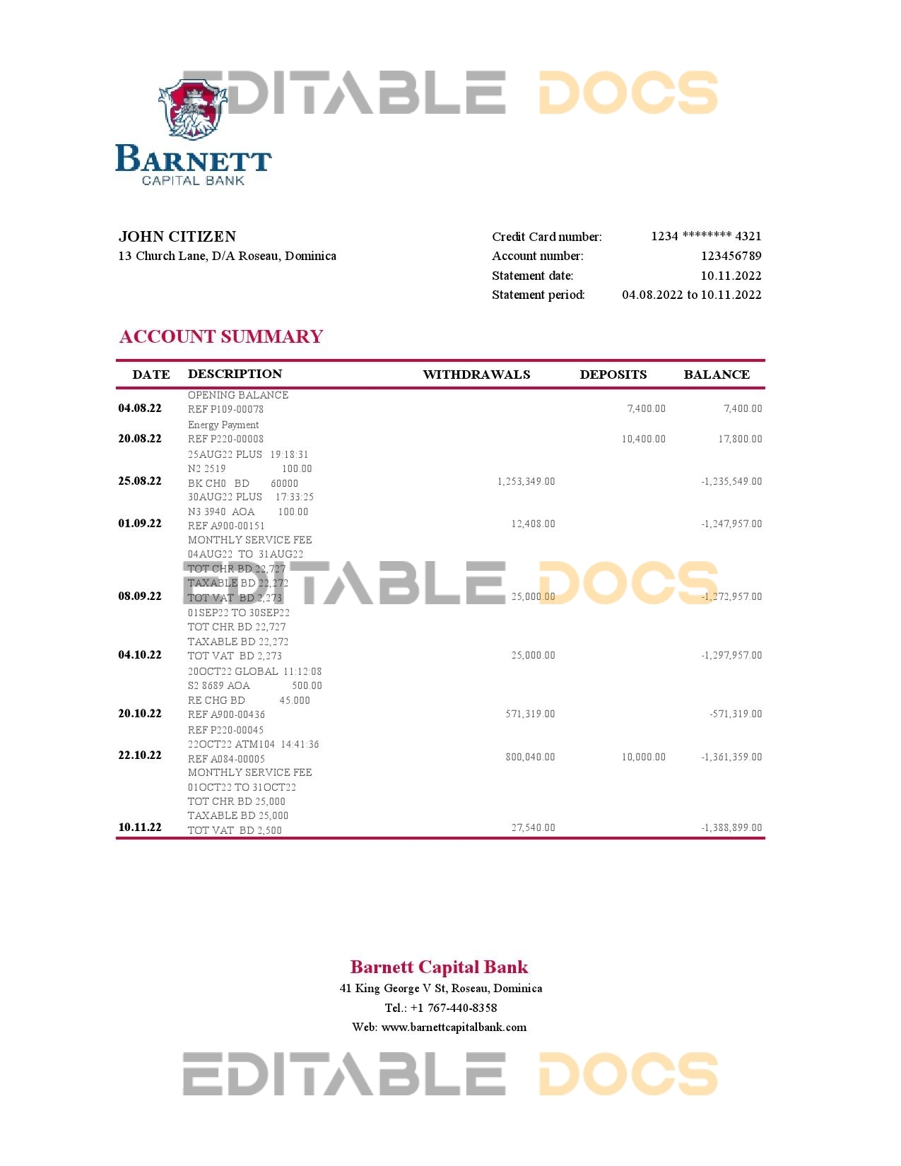 Dominica Barnett Capital Bank statement Excel and PDF template