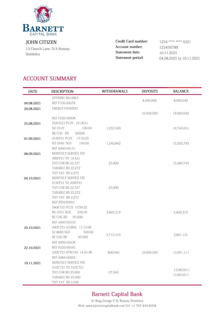 Dominica Barnett Capital bank statement template in Word and PDF format