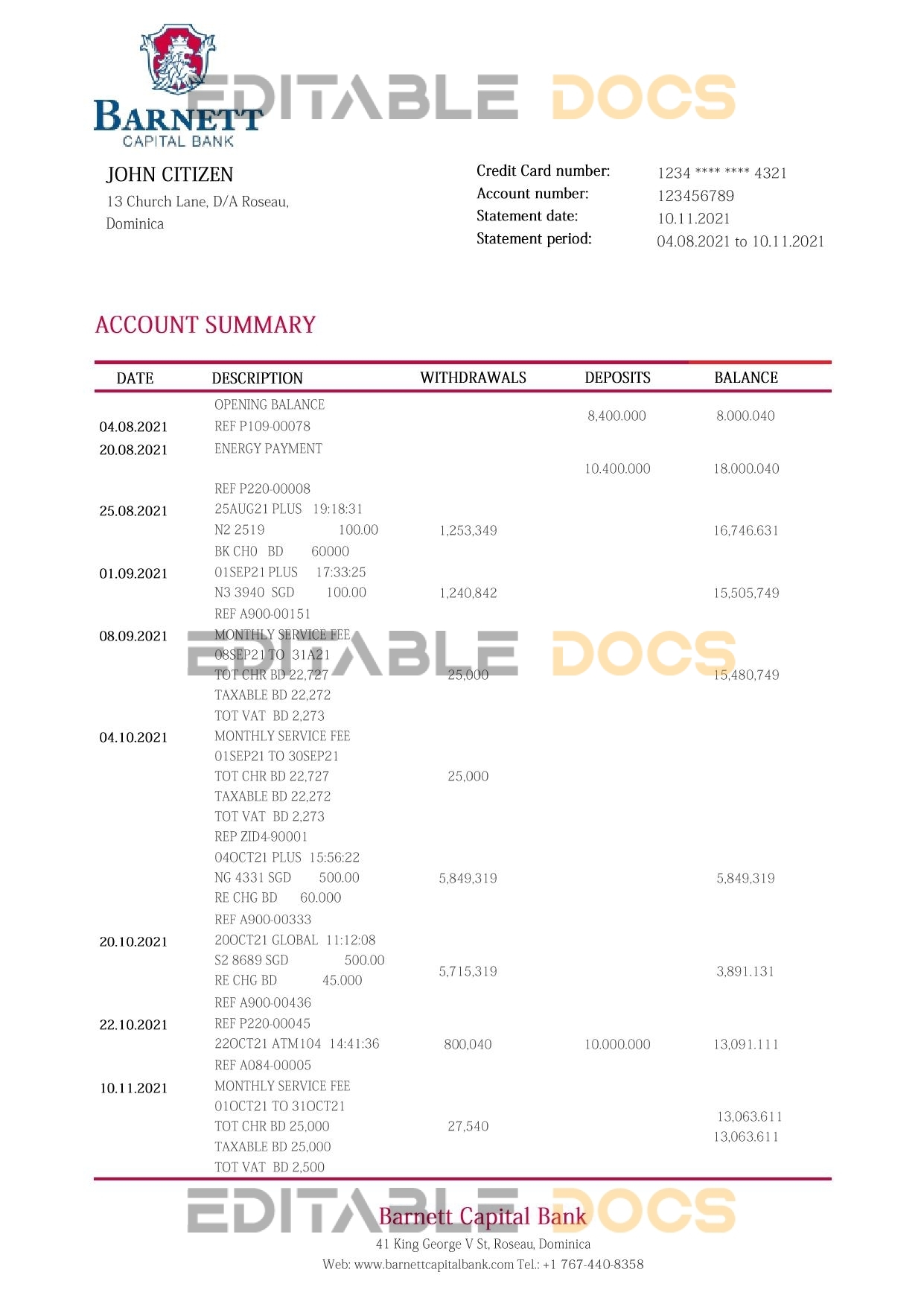 Dominica Barnett Capital bank statement template in Word and PDF format