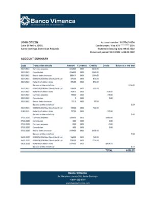 Dominican Republic Banco Vimenca bank statement Excel and PDF template