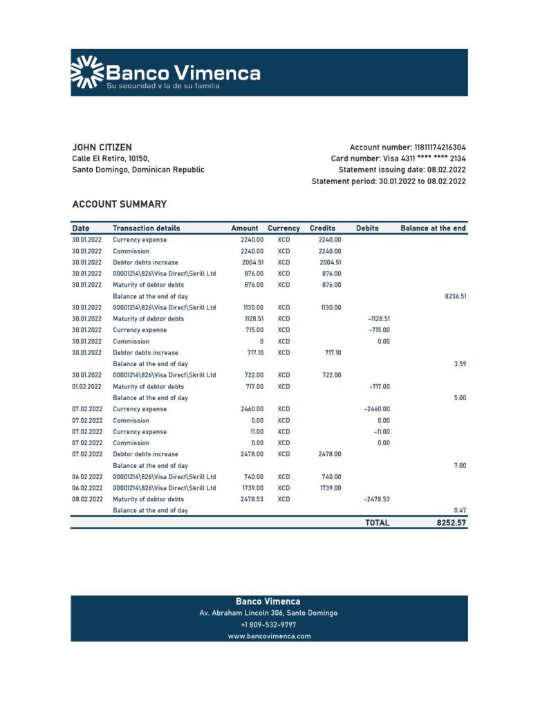 Dominican Republic Banco Vimenca bank statement Excel and PDF template