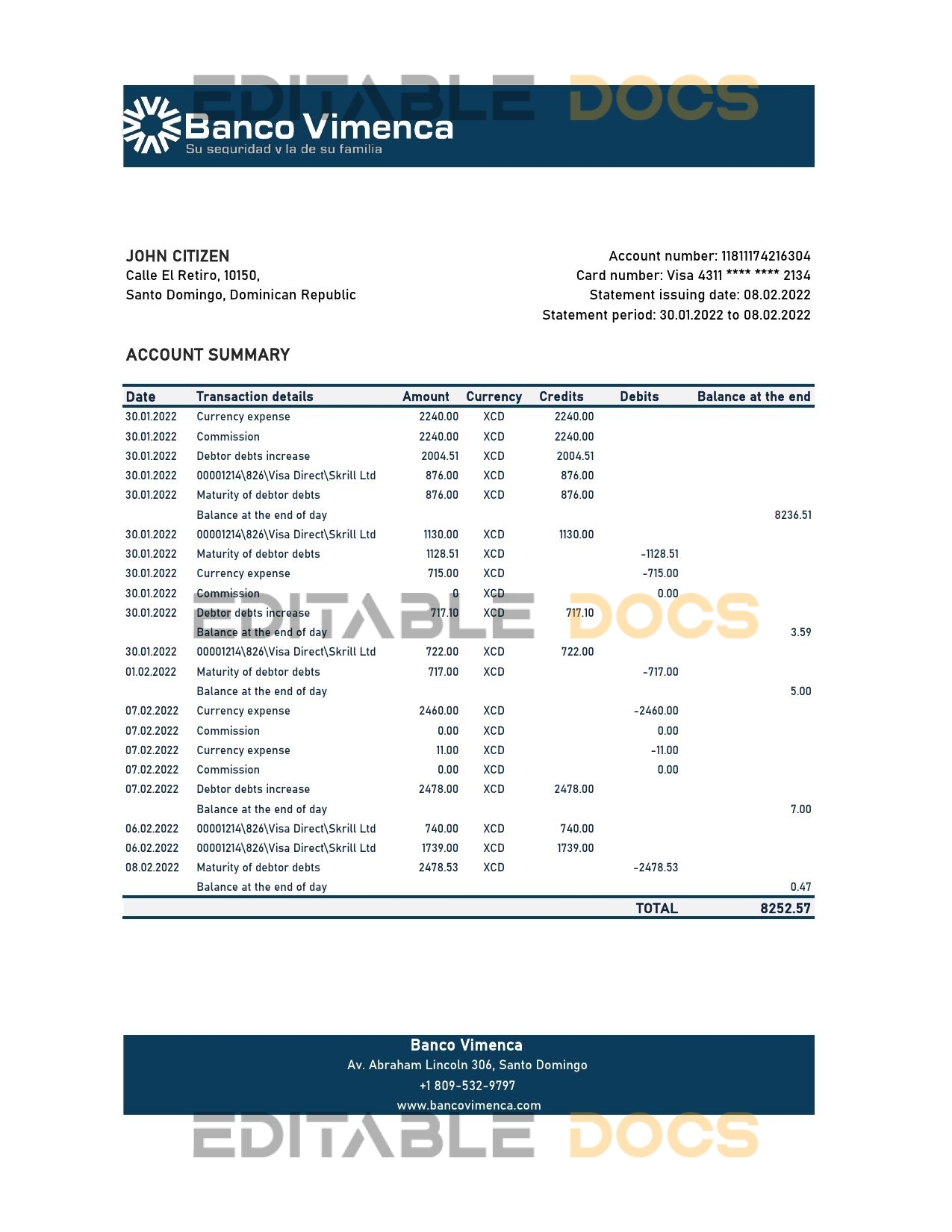 Dominican Republic Banco Vimenca bank statement Excel and PDF template
