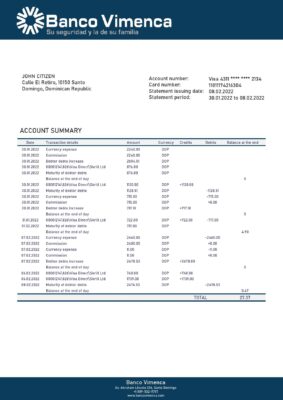 Dominican Republic Banco Vimenca proof of address bank statement template in Word and PDF format