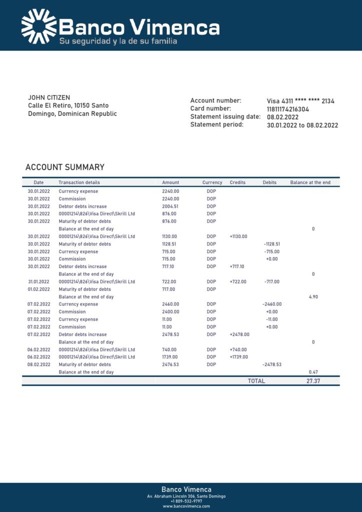 Dominican Republic Banco Vimenca proof of address bank statement template in Word and PDF format