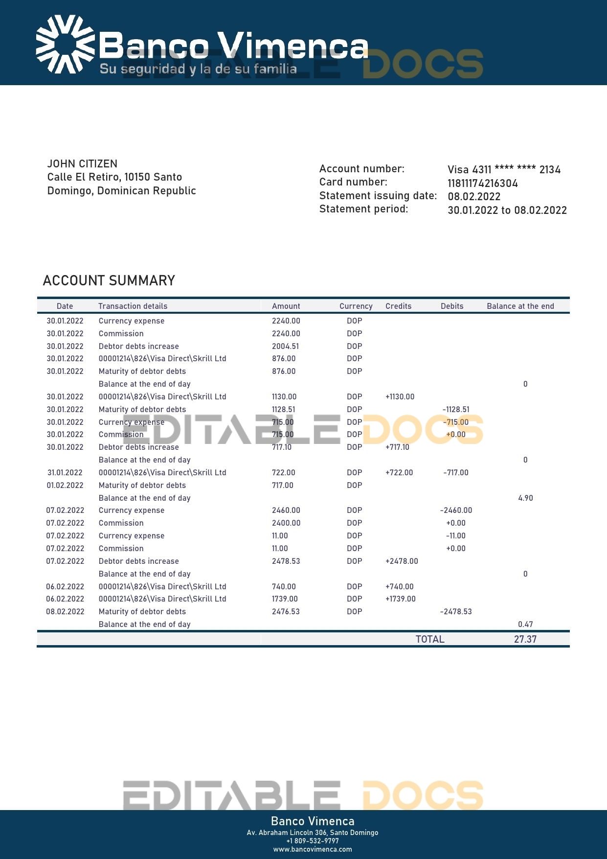 Dominican Republic Banco Vimenca proof of address bank statement template in Word and PDF format