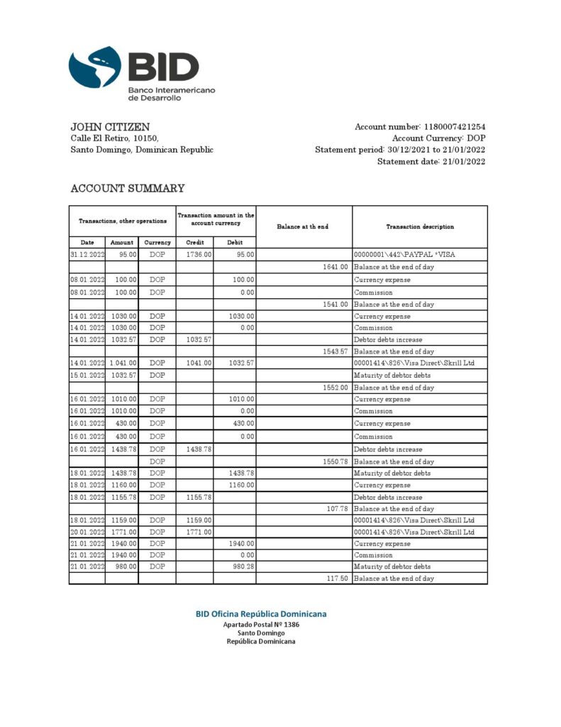 Dominican Republic Bid bank statement Excel and PDF template