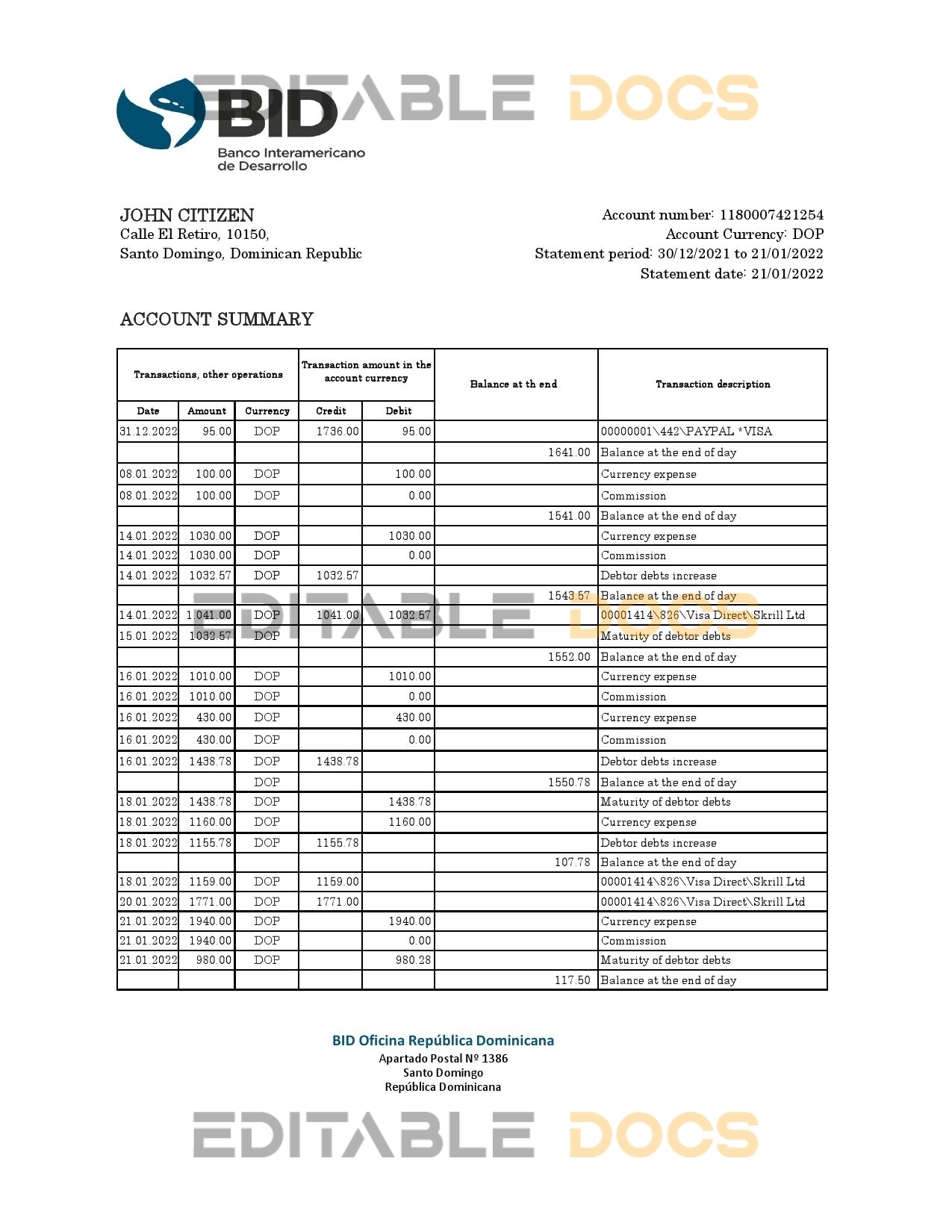 Dominican Republic Bid bank statement Excel and PDF template