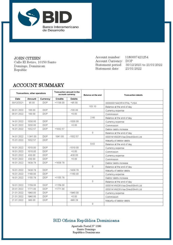 Dominican Republic Bid proof of address bank statement template in Word and PDF format
