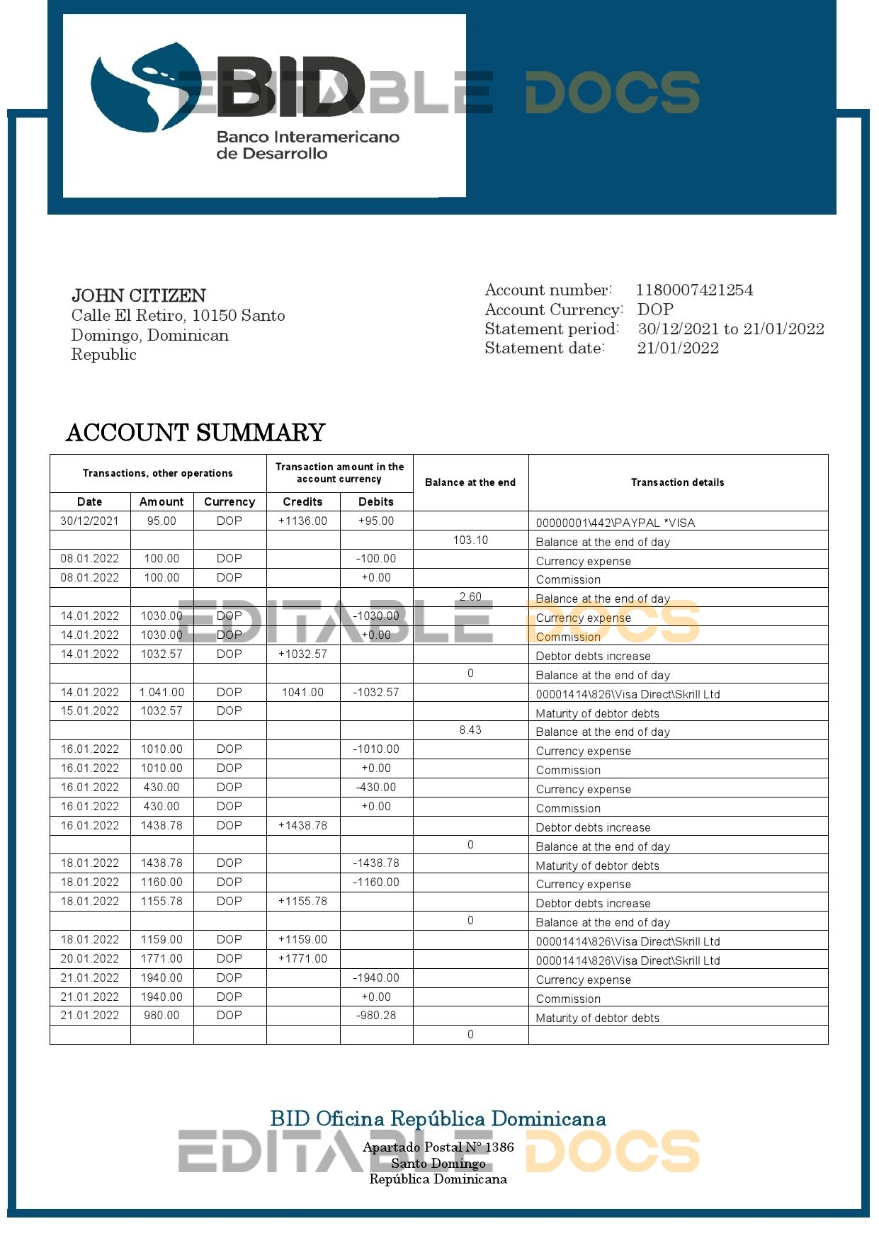 Dominican Republic Bid proof of address bank statement template in Word and PDF format