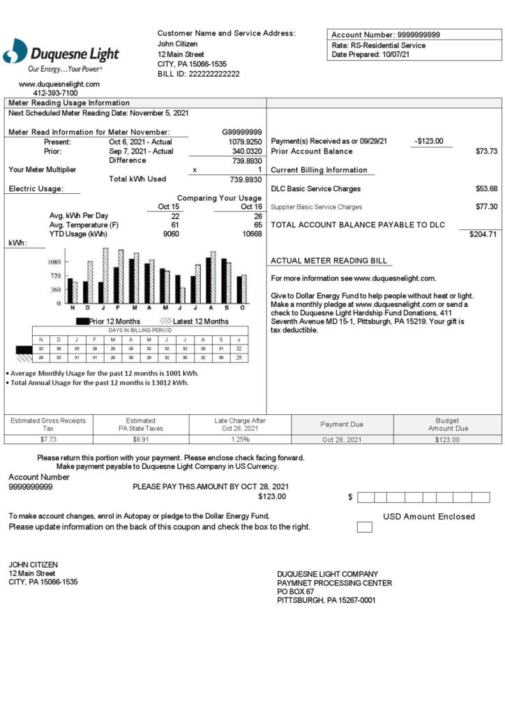 USA Pennsylvania Duquesne Light Company utility bill template in Word and PDF format