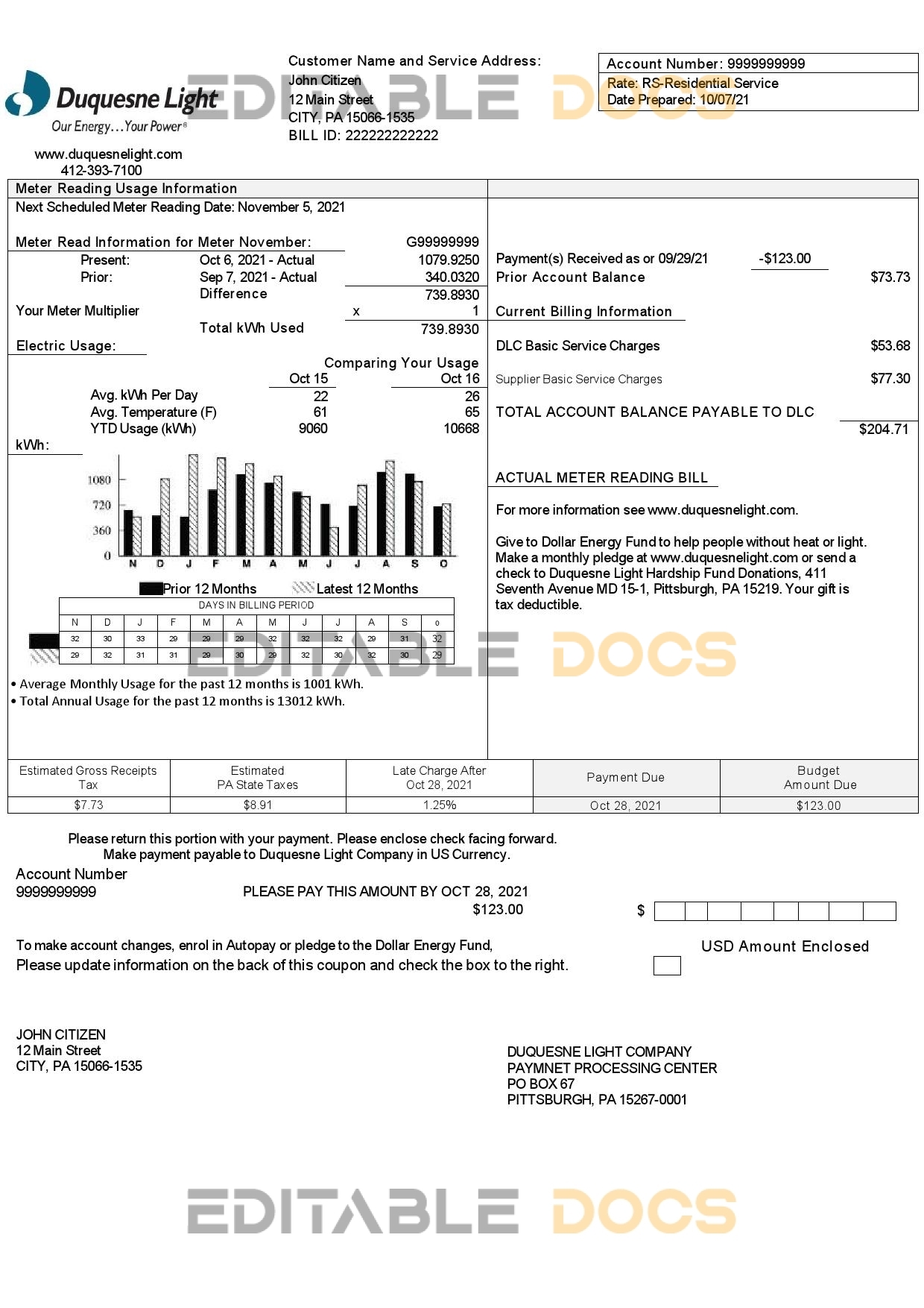 USA Pennsylvania Duquesne Light Company utility bill template in Word and PDF format