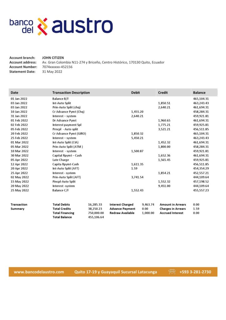 Ecuador Banco del Austro proof of address bank statement template in Word and PDF format