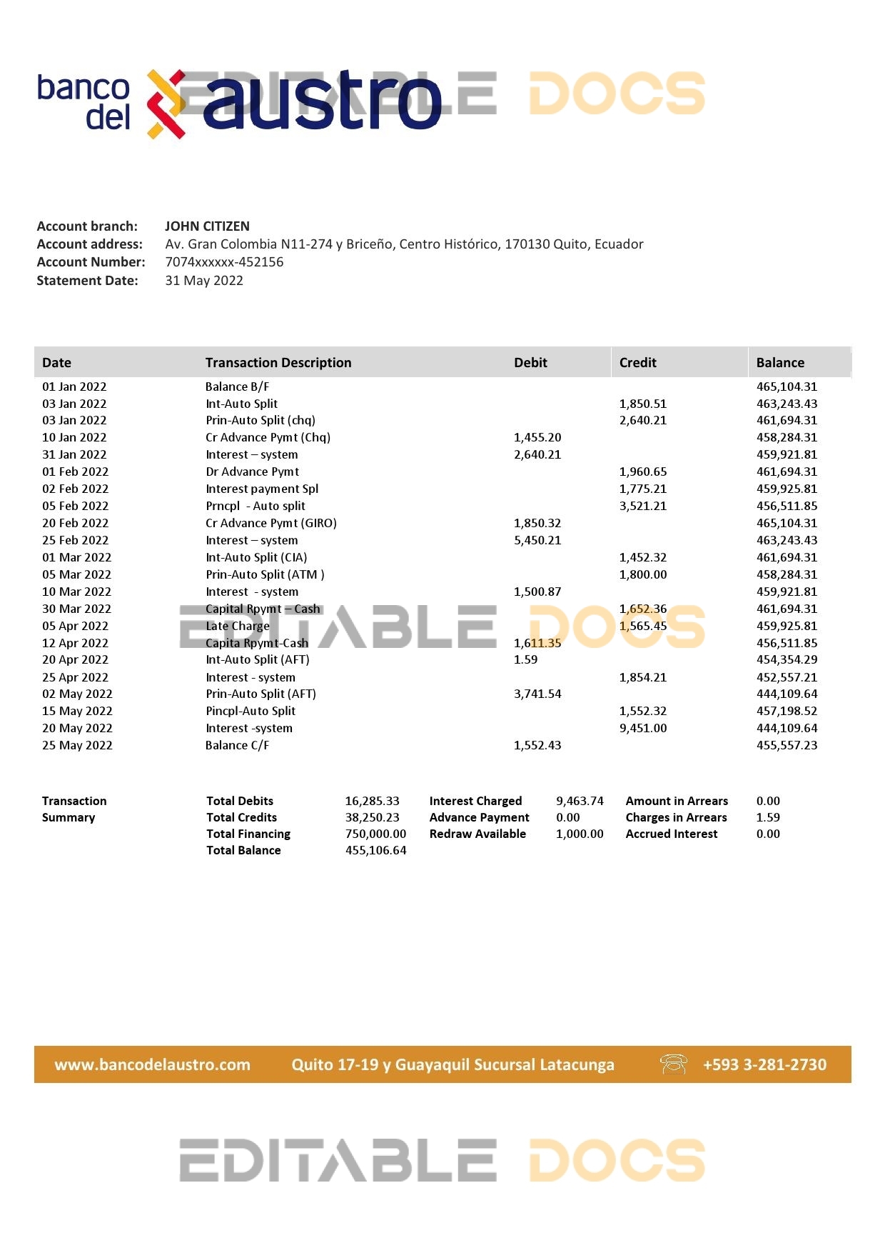 Ecuador Banco del Austro proof of address bank statement template in Word and PDF format