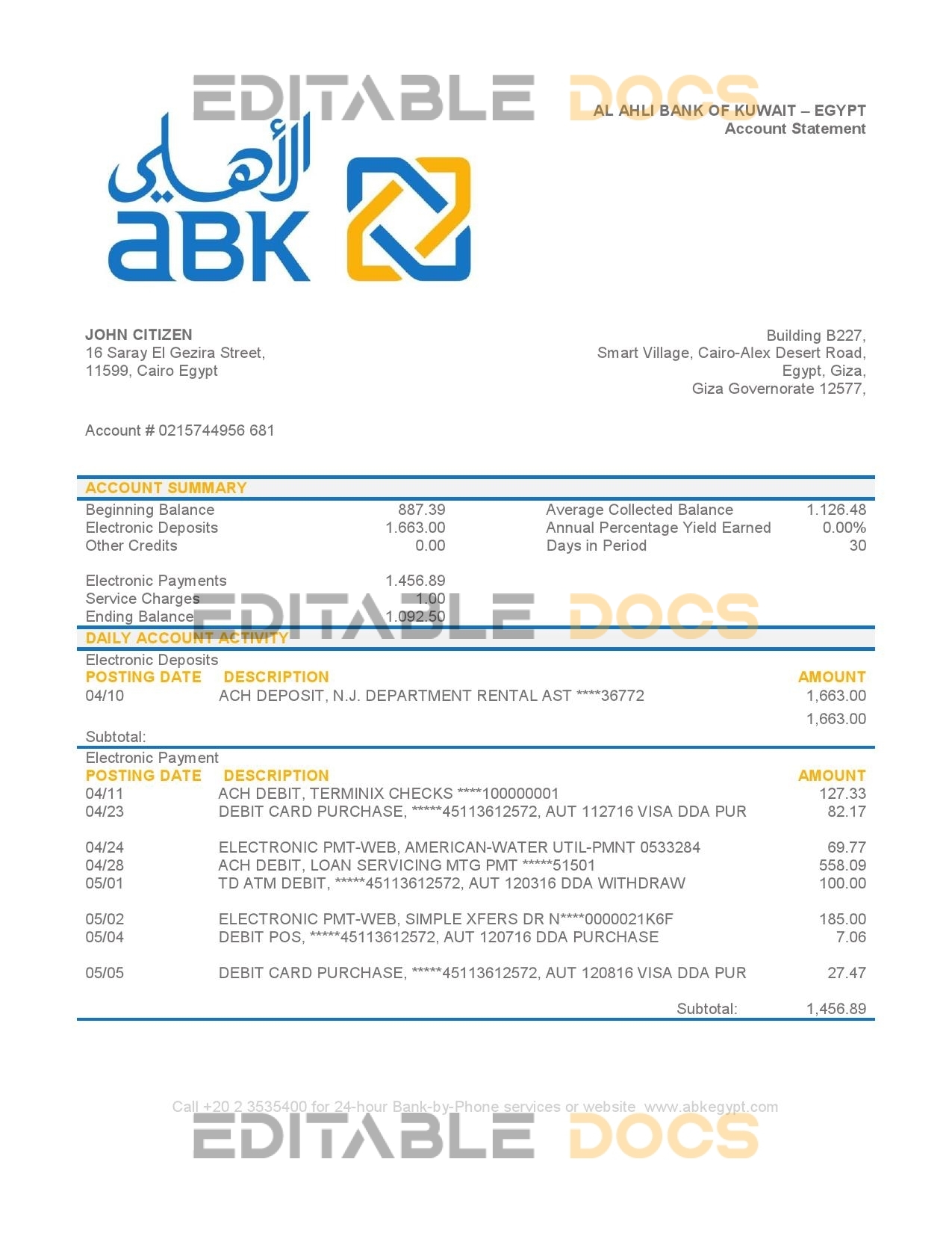 Egypt Al Ahli Bank of Kuwait bank statement easy to fill template in Word and PDF format