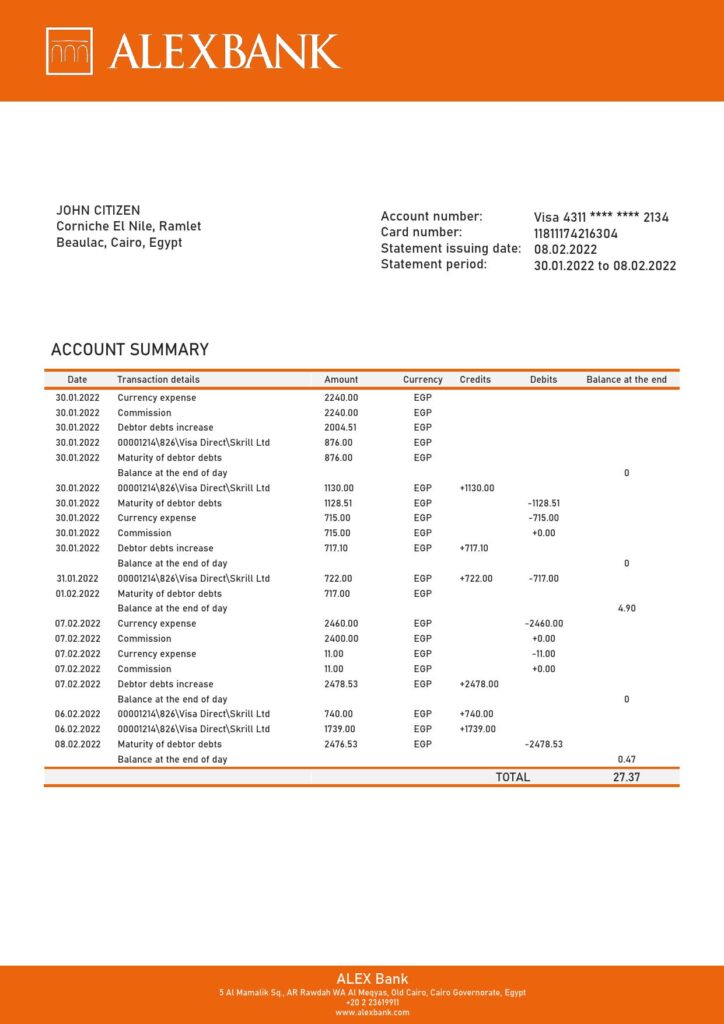 Egypt Alex Bank of Egypt proof of address bank statement template in Word and PDF format