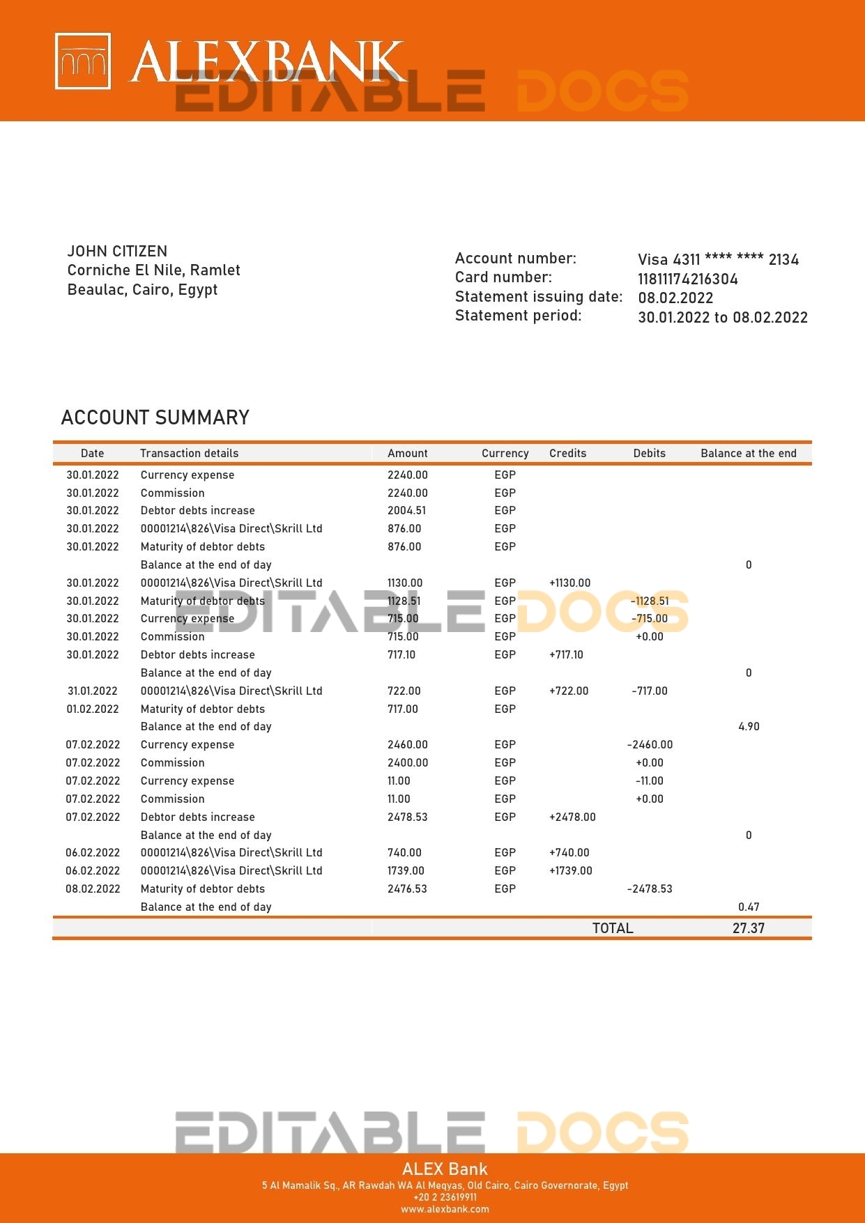 Egypt Alex Bank of Egypt proof of address bank statement template in Word and PDF format