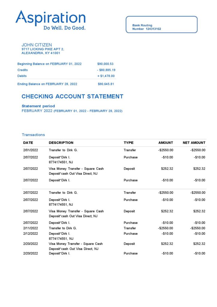 Egypt Aspiration bank statement, Word and PDF template, 4 pages 1