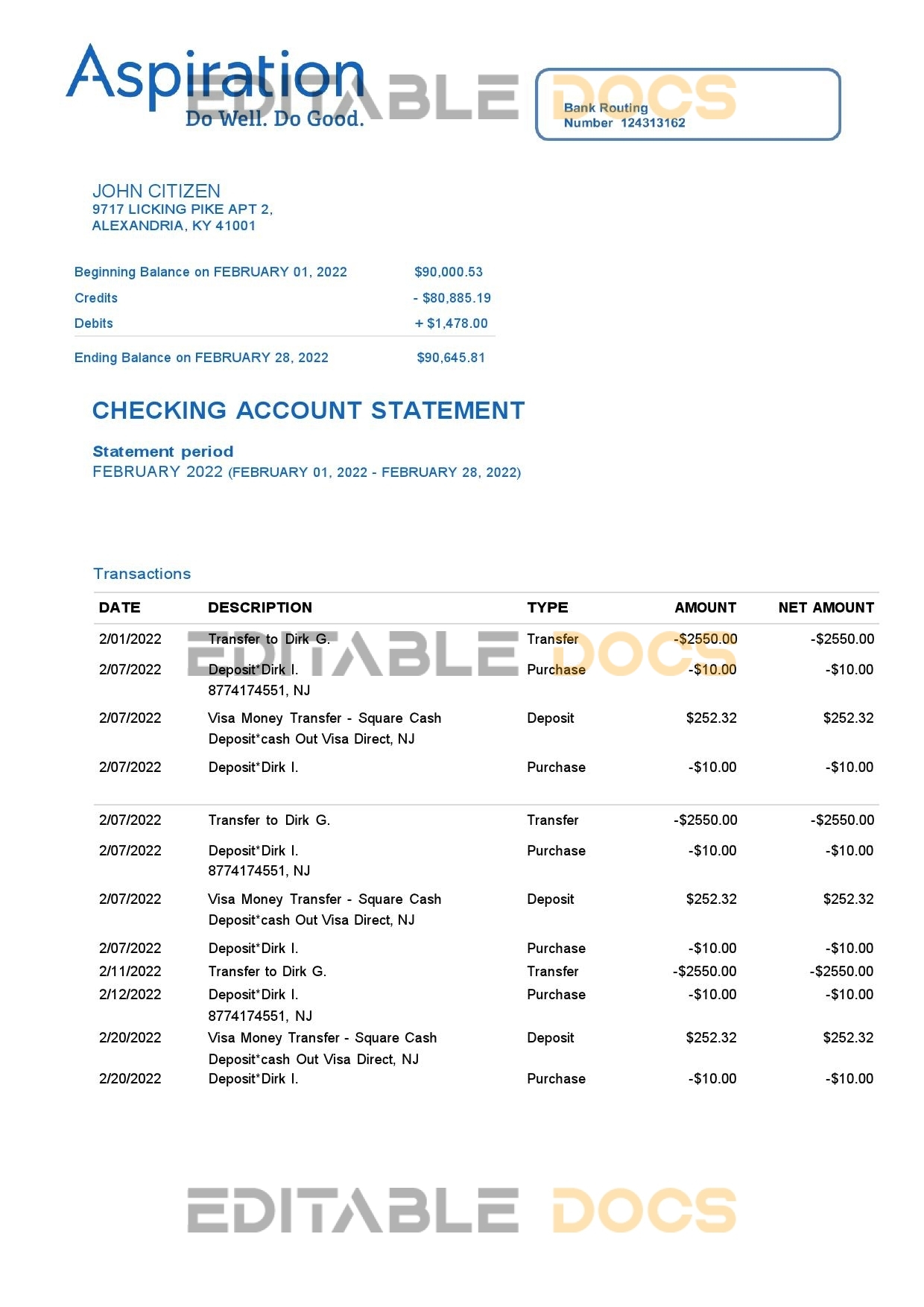 Egypt Aspiration bank statement, Word and PDF template, 4 pages