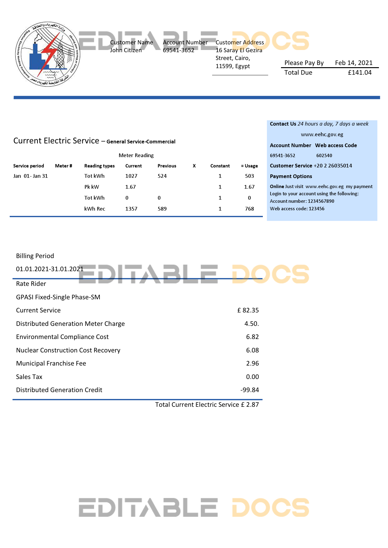 Egypt Egyptian Electricity utility bill template in Word and PDF format